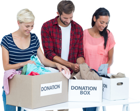 Digital png photo of diverse people with donation boxes on transparent background