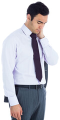 Digital png photo of biracial businessman looking down on transparent background