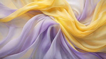 Obraz premium Flowing patterns of pastel yellow and lilac on a silk canvas, capturing the fluidity and grace of draped fabric flat lay