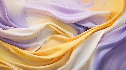 Fototapeta premium Flowing patterns of pastel yellow and lilac on a silk canvas, capturing the fluidity and grace of draped fabric flat lay
