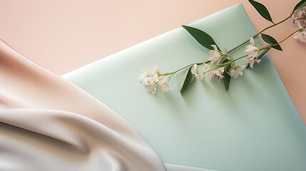 Pastel gradients of sage and blush on a silken canvas, portraying the serenity and elegance of minimalist designs flat lay