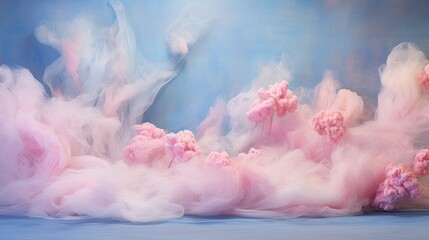 Smooth transitions of pastel blues and pinks on a fluid silk canvas, evoking memories of soft, cotton candy clouds flat lay.