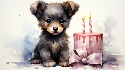 Happy Birthday. A cute dog sits next to a birthday cake and burning candles. Dog's birthday party. Watercolor illustration.