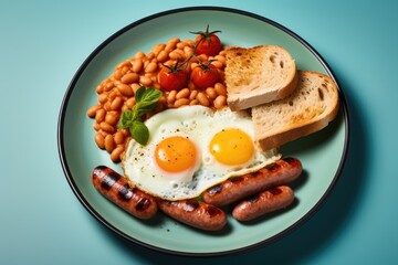 Traditional full English breakfast with fried eggs, sausages, beans, grilled tomatoes and bacon. AI Generated