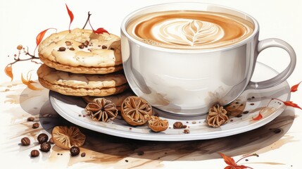 WATERCOLOR LATTE COFFEE CUP WITH BISCUITS.