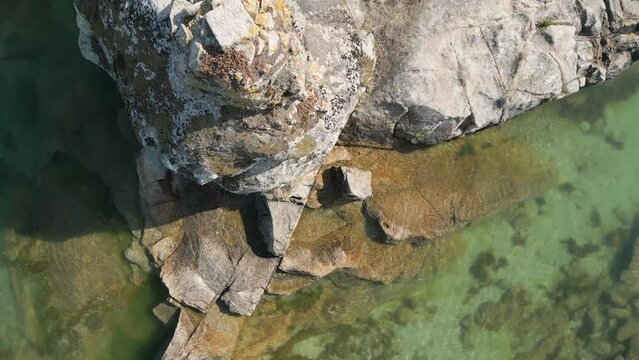 Topdown View Of Massive Rock Cliffs On The Coast Near Aldan In Galicia, Spain. Aerial Shot