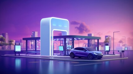 Electric car at futuristic charging station. Selected focusing. Eco alternative transport and battery charging technology concept, electric hybrid machine