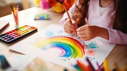 A child draws a picture with paints or pencils, preschool childr