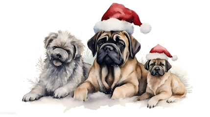 Watercolor illustration of family dogs in the Santa Claus hats