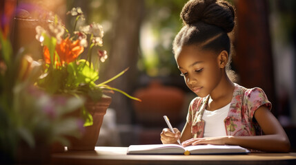 Distance learning. Smiling african american schoolboy studying o