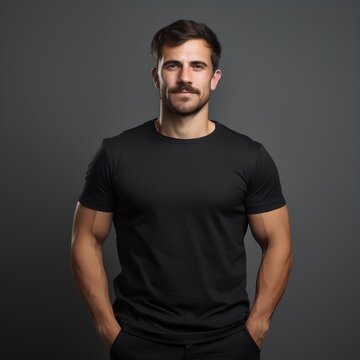 man wearing black t shirt in a style of a corporative portrait, stand up stripped pose