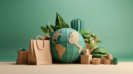 Ecology - Eco package -Modern concept illustration of a paper bag surrounded by plants, shopping paper bag with plants background