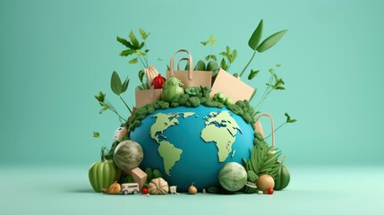 Ecology - Eco package -Modern concept illustration of a paper bag surrounded by plants, shopping paper bag with plants background