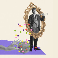 Retro style portrait of serious man in suit, cap and baseball bat standing in mirror frame. Contemporary art collage. Concept of creativity, surrealism, history, fashion, retro and vintage, ad