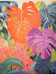 Fototapeta na wymiar A Risograph Illustration of Oversized Leaves in a Layered Tropical Paradise