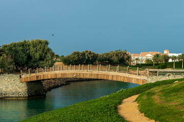 charming wooden bridge surrounded by lush greenery and the soothing sound of water flowing beneath
