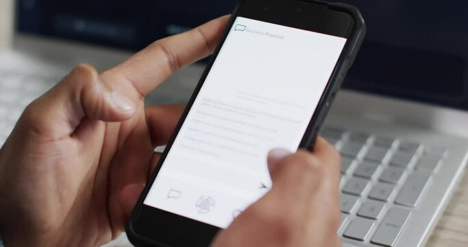 Video of biracial businessman using smartphone with ai chat on white screen with copy space