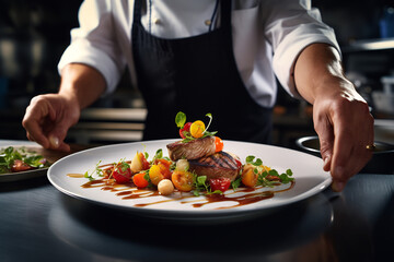 A chef arranging food on a plate close up shot