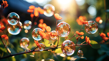 Transparent soap bubbles on plants and flowers, illuminated by the rays of the evening sun. Magic light, bokeh. Generative AI technology.
