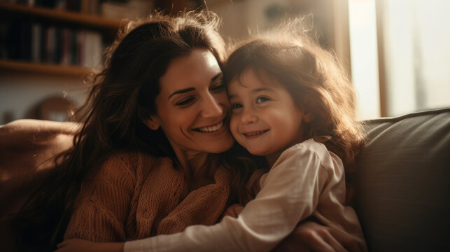 Portrait of a happy young mother with her little daughter huggin