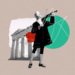 Elegant male model as historical character, great music composer playing violin. Classical music. Contemporary art collage. Retro style, fashion, art, comparison of eras concept. Ad - obrazy, fototapety, plakaty
