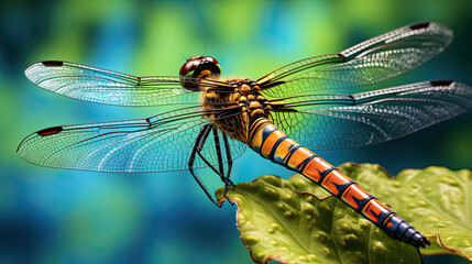 Hyperreal close-up of a dragonfly perched on a leaf