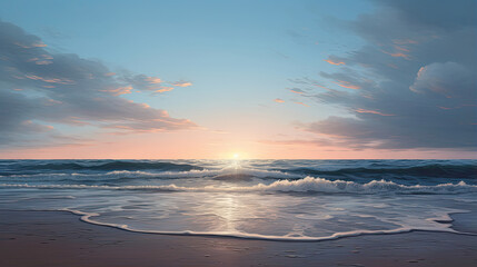 Hyperreal depiction of a calm ocean beach at dawn