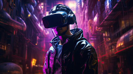 Fototapeta na wymiar Cyberpunk hacker immersed in virtual reality