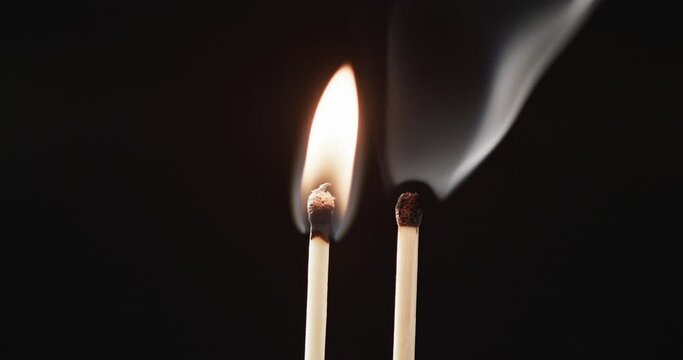 Video of close up of matches with yellow fire flame and copy space on black background