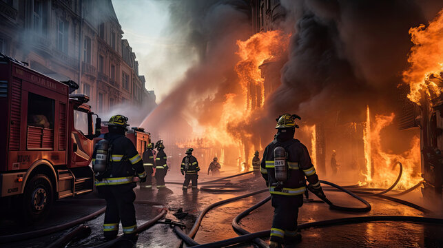 Firefighters battling a roaring blaze in a city