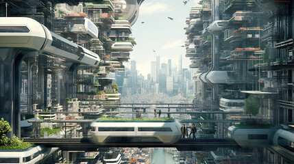 Futuristic urban dwellers in a vertical megacity - obrazy, fototapety, plakaty