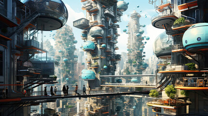 Futuristic urban dwellers in a vertical megacity - obrazy, fototapety, plakaty