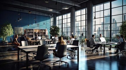 Fototapeta na wymiar Modern office workers collaborating in a sleek workspace