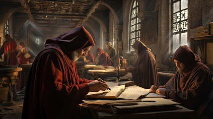 Medieval monks transcribing manuscripts in a monastery - obrazy, fototapety, plakaty