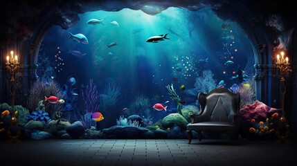 Enter the Enchanting Underwater Realm - Immerse Yourself in the Mesmerizing 3D Effect Wall with Wild Illustration Background. 3D Interior Mural for Home Wall art Decor Wallpaper. submarine world - obrazy, fototapety, plakaty