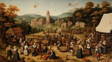 Medieval villagers celebrating a harvest festival