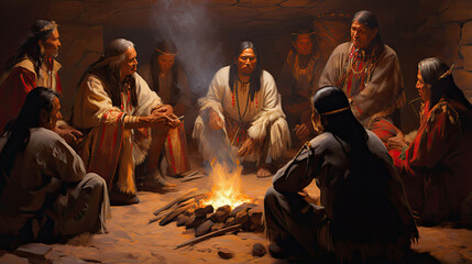 Fototapeta premium Native American chiefs negotiating tribal agreements