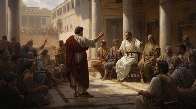 Ancient Roman citizens participating in a forum debate