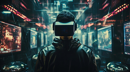 Cyberpunk hacker immersed in virtual reality