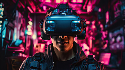 Cyberpunk hacker immersed in virtual reality