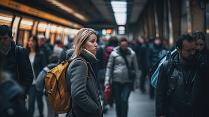 Modern commuters in a bustling subway station