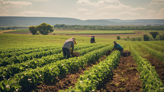 Farmers tending to their crops in a rural field