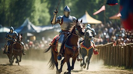 Medieval knights jousting in a grand tournament