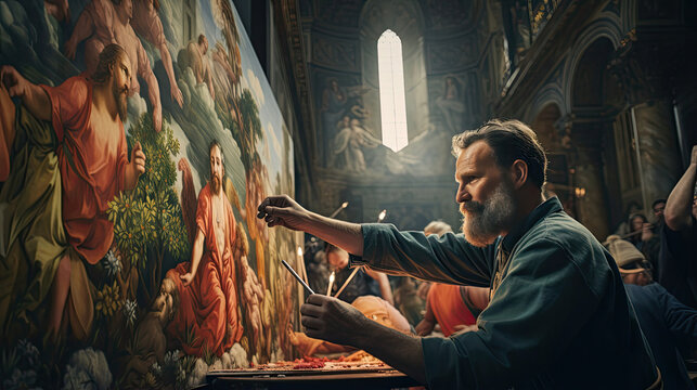 Renaissance painters creating frescoes in a cathedral