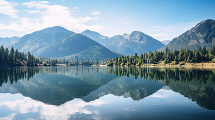 Peaceful lakeside scene with mirrored reflection of mountains