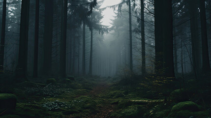 Dense misty forest shrouded in an ethereal atmosphere