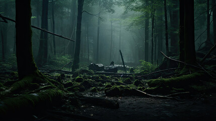 Dense misty forest shrouded in an ethereal atmosphere