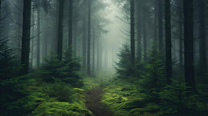 Fototapeta premium Dense misty forest shrouded in an ethereal atmosphere