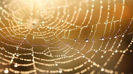 Delicate dew drops on a spider's web glistening in the morning sun