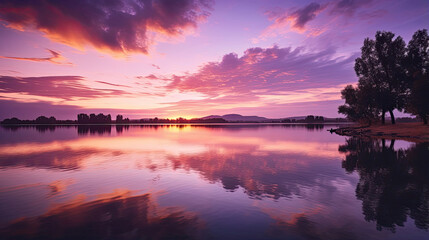 Tranquil sunset over a calm lake with hues of purple and gold